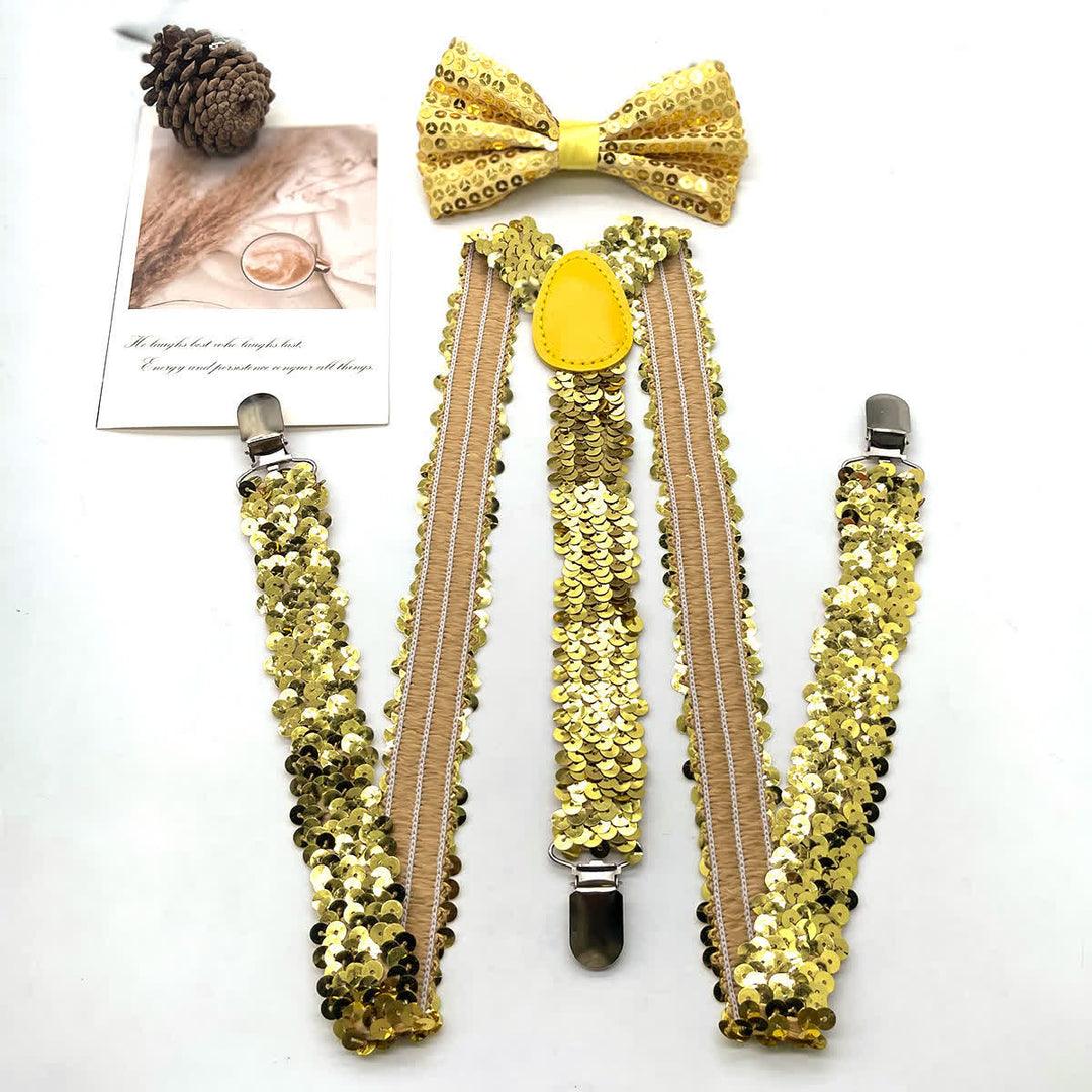 2 pezzi divertenti papillon con paillettes per feste, set di bretelle regolabili con 3 clip - Oro - image 4