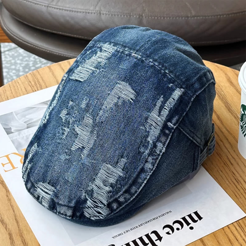 Berretto piatto da baseball in denim lavato strappato - image 1