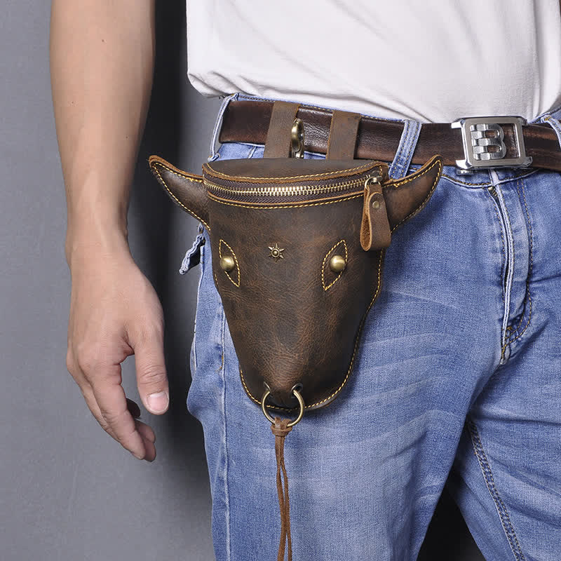 Borsa a tracolla in vera pelle di cavallo pazzo con testa di mucca - Caffè - image 0