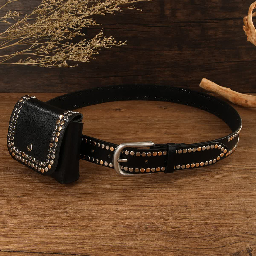 Cintura in pelle nera con rivetto punk da donna, 2 pezzi, con marsupio - image 1