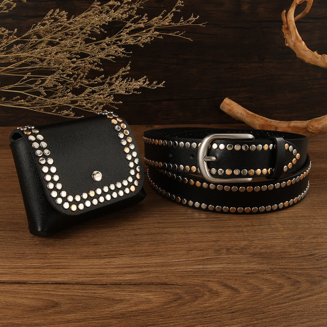 Cintura in pelle nera con rivetto punk da donna, 2 pezzi, con marsupio - Nero - 40 - image 0