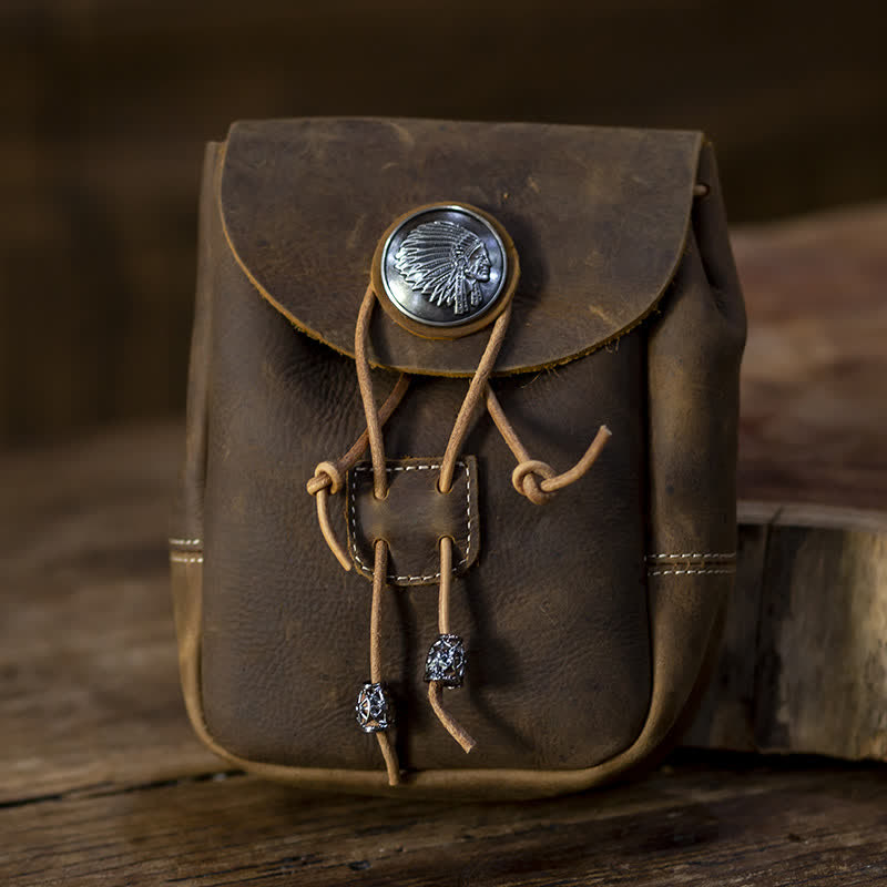 Portafoglio piccolo in stile indiano con coulisse e cintura in pelle di cavallo pazzo - Marrone scuro - image 1