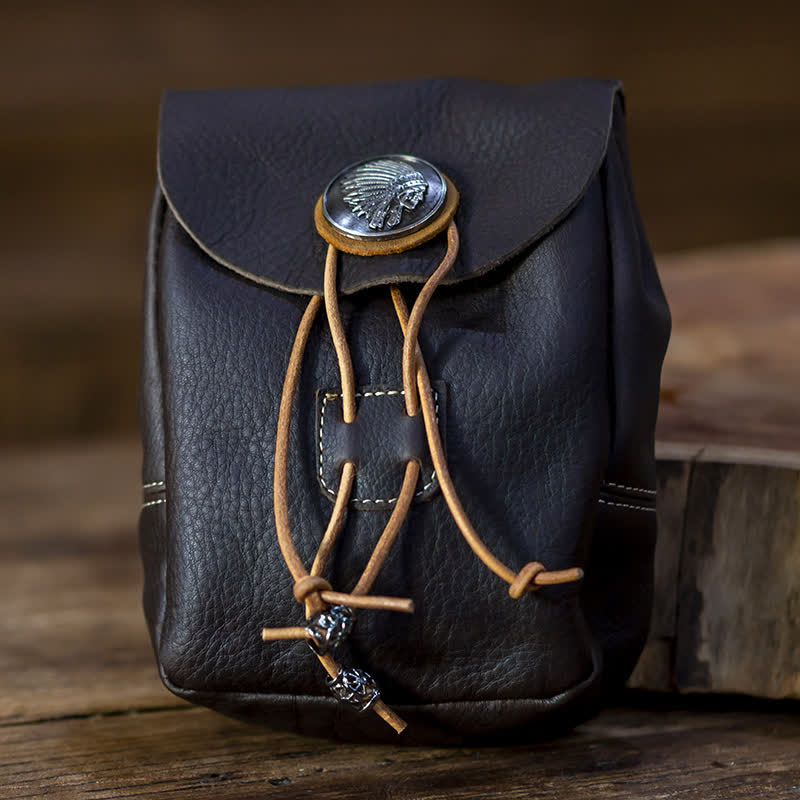 Portafoglio piccolo in stile indiano con coulisse e cintura in pelle di cavallo pazzo - Caffè scuro - image 11