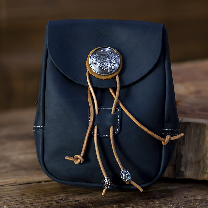 Portafoglio piccolo in stile indiano con coulisse e cintura in pelle di cavallo pazzo - Nero - image 9