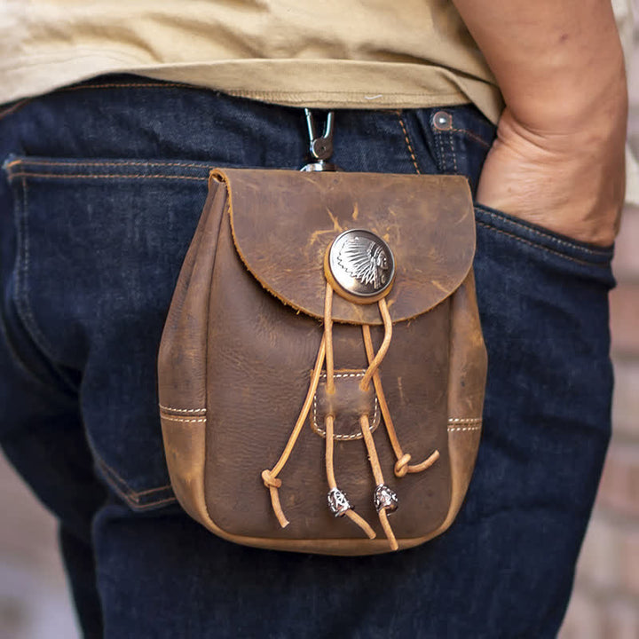 Portafoglio piccolo in stile indiano con coulisse e cintura in pelle di cavallo pazzo - image 0