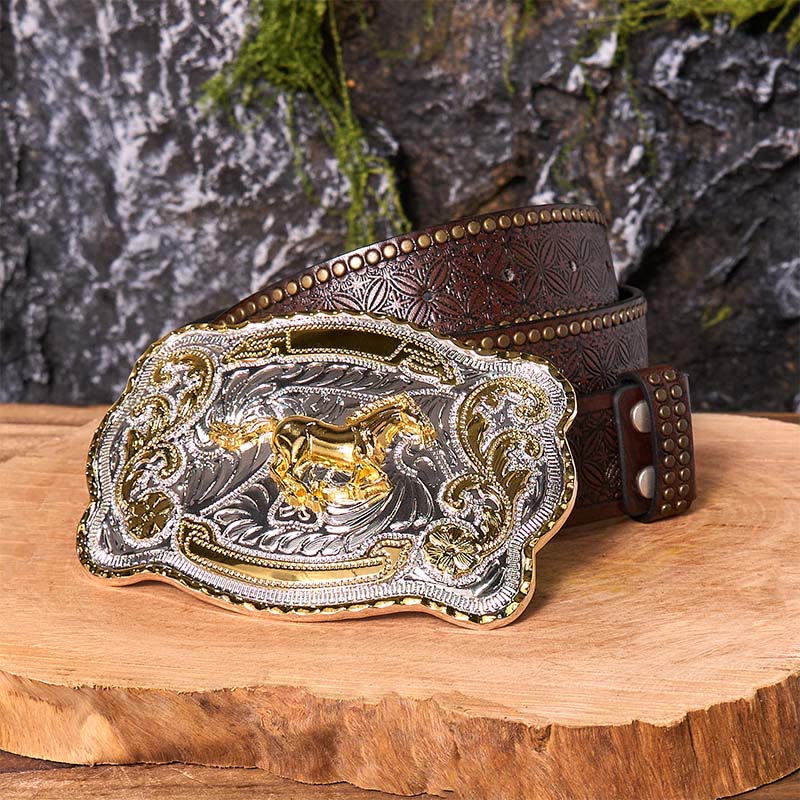 Cintura in pelle con fibbia da cowboy western fai da te con cavallo in corsa dorato - Cavallo in corsa - Cintura con rivetti marroni - 42 - image 7