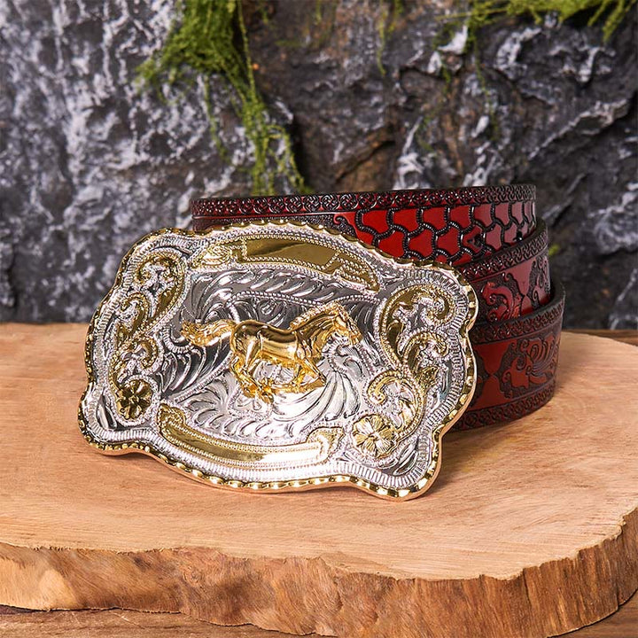 Cintura in pelle con fibbia da cowboy western fai da te con cavallo in corsa dorato - Cavallo in corsa - Cintura marrone intagliata - 42 - image 9