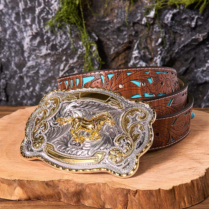 Cintura in pelle con fibbia da cowboy western fai da te con cavallo in corsa dorato - Cavallo in corsa - Cintura intagliata turchese - 42 - image 6