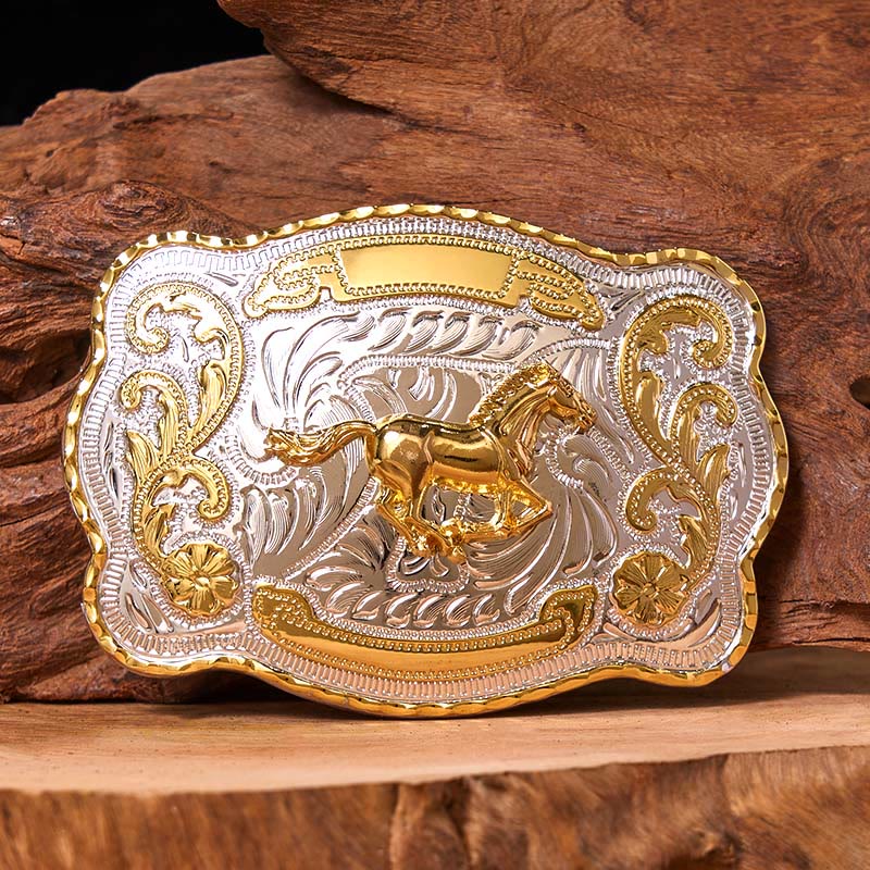 Cintura in pelle con fibbia da cowboy western fai da te con cavallo in corsa dorato - Cavallo in corsa - Senza cintura - Cintura non inclusa - image 0