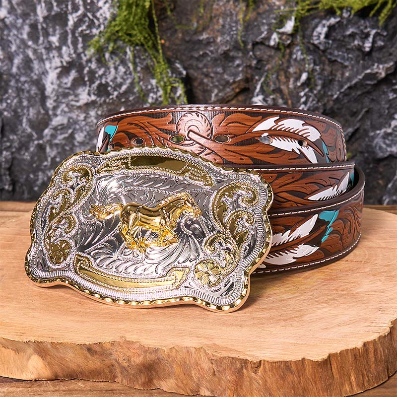 Cintura in pelle con fibbia da cowboy western fai da te con cavallo in corsa dorato - Cavallo in corsa - Cintura di piume marroni - 40 - image 10