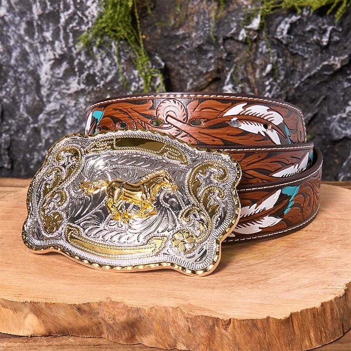 Cintura in pelle con fibbia da cowboy western fai da te con cavallo in corsa dorato - Cavallo in corsa - Cintura di piume marroni - 40 - image 10
