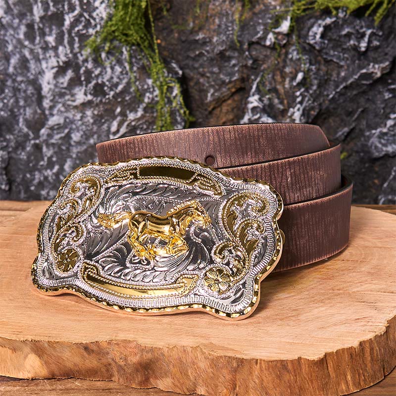 Cintura in pelle con fibbia da cowboy western fai da te con cavallo in corsa dorato - Cavallo in corsa - Cintura marrone anticata - 42 - image 8