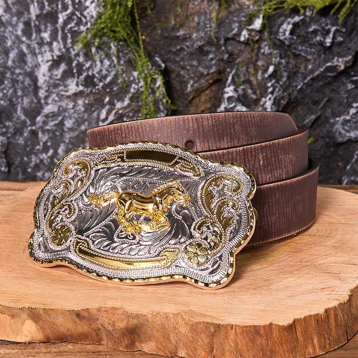 Cintura in pelle con fibbia da cowboy western fai da te con cavallo in corsa dorato - Cavallo in corsa - Cintura marrone anticata - 42 - image 8
