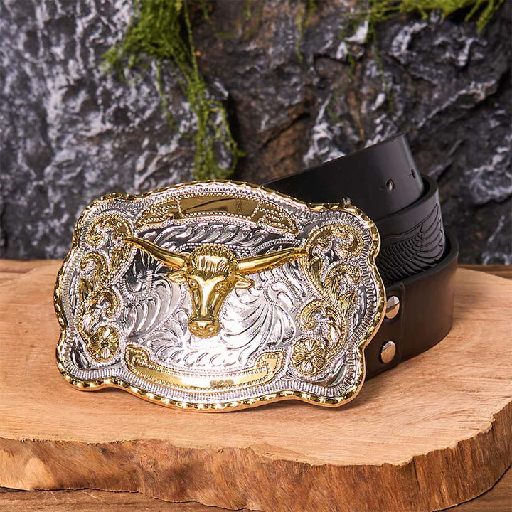 Cintura in pelle con fibbia da cowboy western fai da te con testa di toro d'oro - Testa di Toro d'Oro - Cintura aquila nera in rilievo - 42 - image 5
