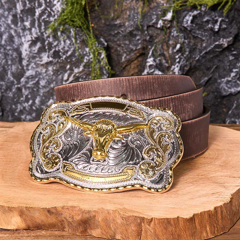 Cintura in pelle con fibbia da cowboy western fai da te con testa di toro d'oro - Testa di Toro d'Oro - Cintura marrone anticata - 42 - image 8