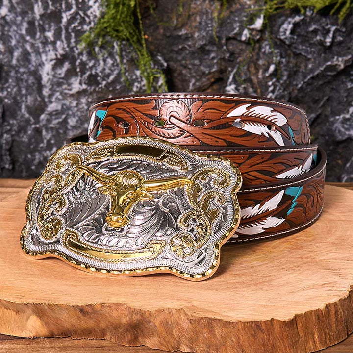 Cintura in pelle con fibbia da cowboy western fai da te con testa di toro d'oro - Testa di Toro d'Oro - Cintura di piume marroni - 40 - image 10