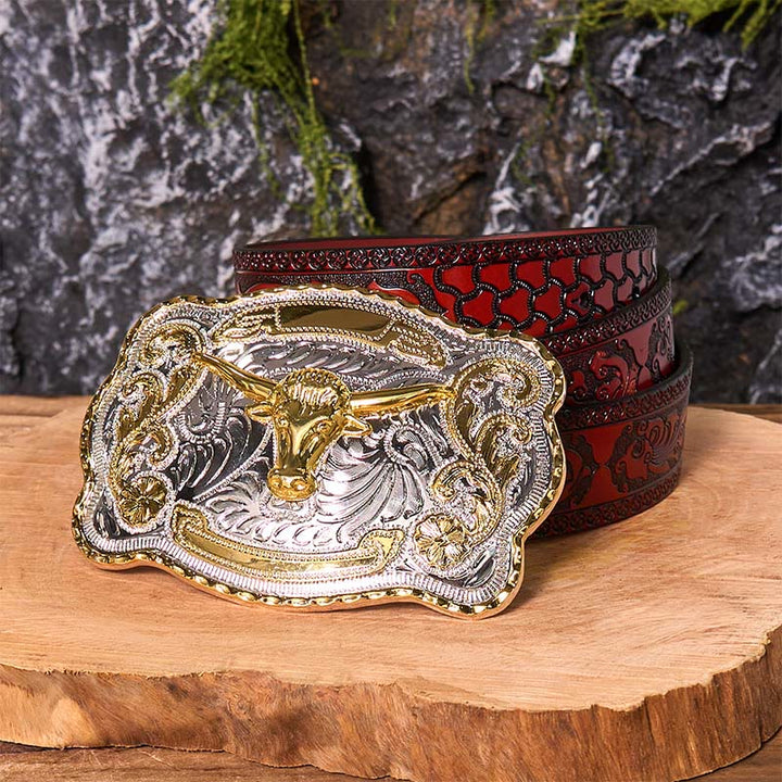 Cintura in pelle con fibbia da cowboy western fai da te con testa di toro d'oro - Testa di Toro d'Oro - Cintura marrone intagliata - 42 - image 9