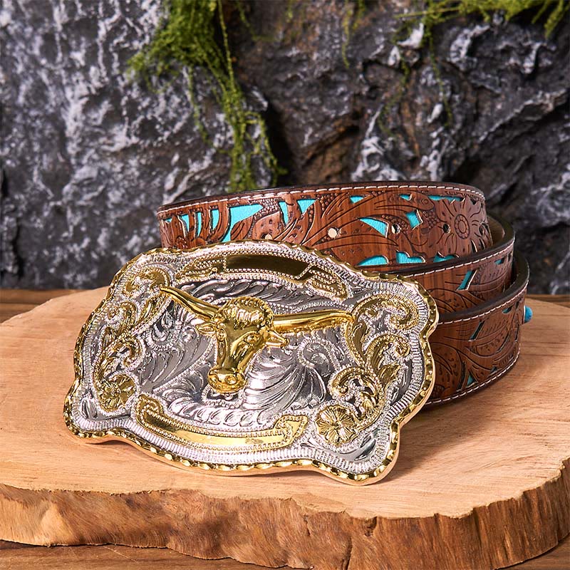 Cintura in pelle con fibbia da cowboy western fai da te con testa di toro d'oro - Testa di Toro d'Oro - Cintura intagliata turchese - 42 - image 6