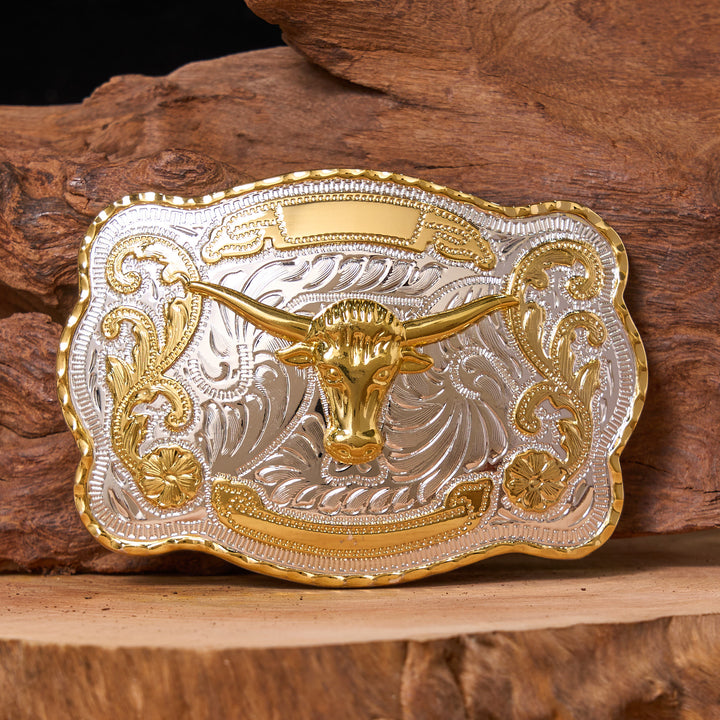 Cintura in pelle con fibbia da cowboy western fai da te con testa di toro d'oro - Testa di Toro d'Oro - Senza cintura - Cintura non inclusa - image 0