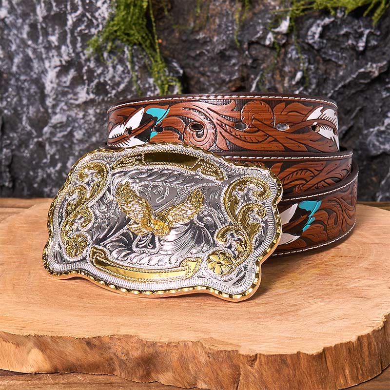Cintura in pelle con fibbia da cowboy western fai da te con aquila volante dorata - Aquila volante - Cintura di piume marroni - 40 - image 10