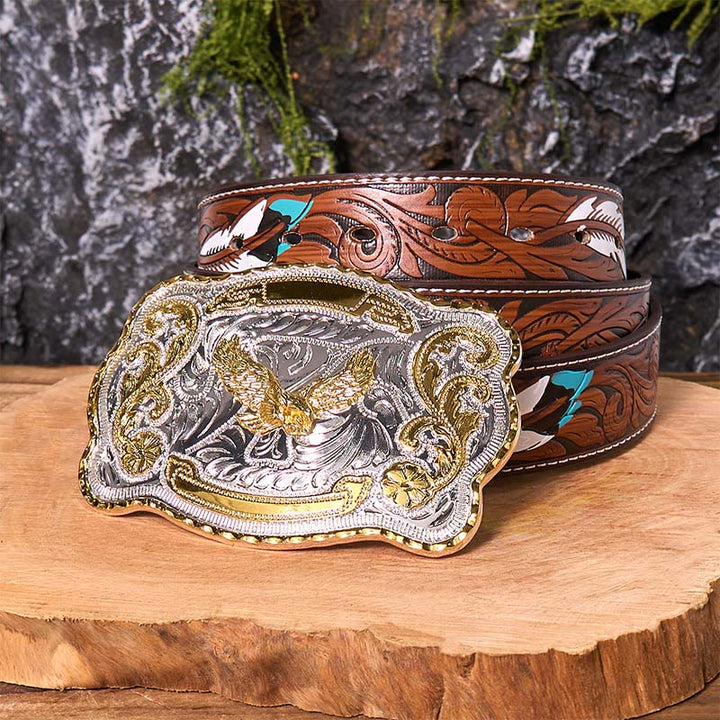 Cintura in pelle con fibbia da cowboy western fai da te con aquila volante dorata - Aquila volante - Cintura di piume marroni - 40 - image 10