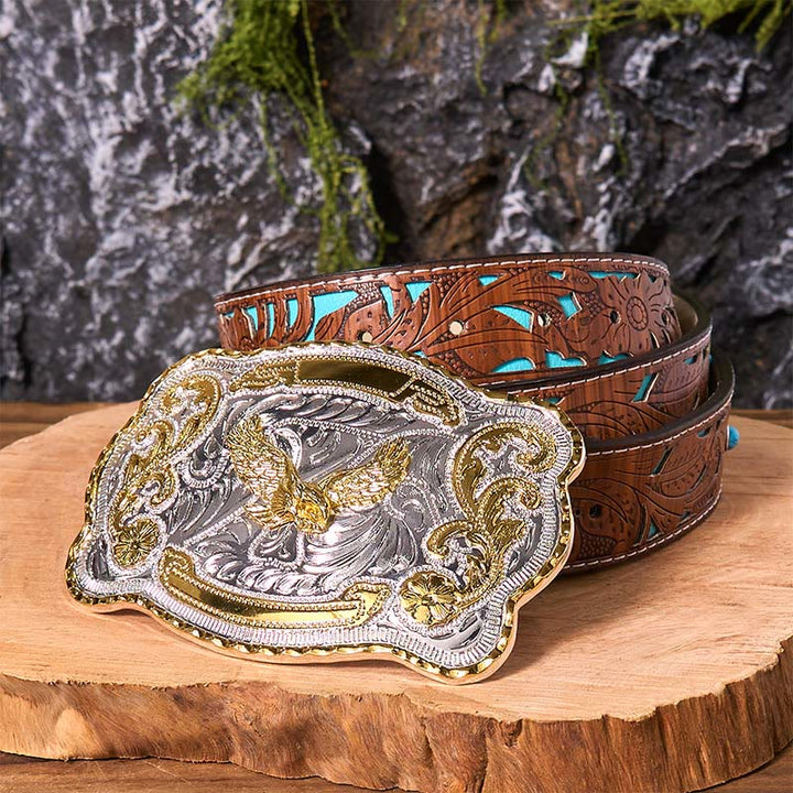 Cintura in pelle con fibbia da cowboy western fai da te con aquila volante dorata - Aquila volante - Cintura intagliata turchese - 42 - image 6