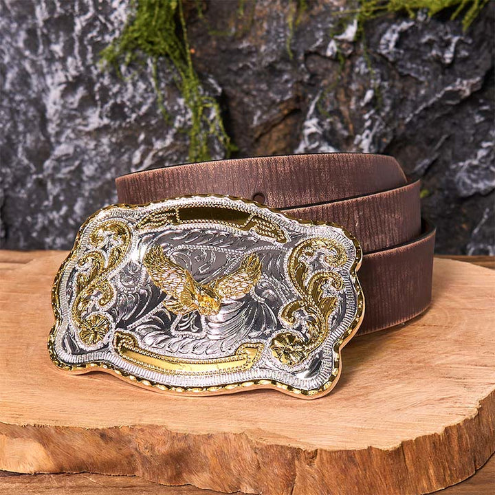 Cintura in pelle con fibbia da cowboy western fai da te con aquila volante dorata - Aquila volante - Cintura marrone anticata - 42 - image 8