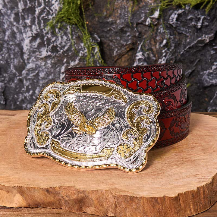 Cintura in pelle con fibbia da cowboy western fai da te con aquila volante dorata - Aquila volante - Cintura marrone intagliata - 42 - image 9