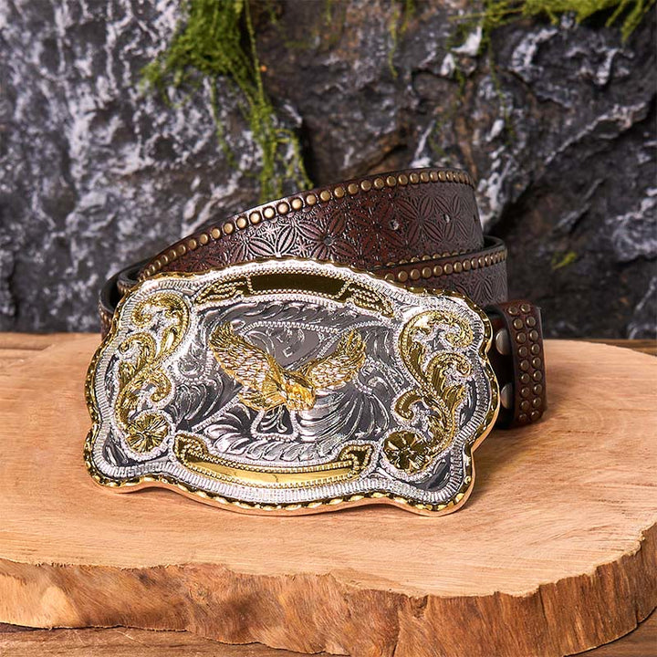 Cintura in pelle con fibbia da cowboy western fai da te con aquila volante dorata - Aquila volante - Cintura con rivetti marroni - 42 - image 7
