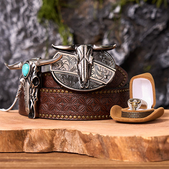 Set di fibbie per cintura fai da te con coltello nascosto a forma di teschio di corno di bue e anello di toro - Teschio di Longhorn - Cintura con rivetti marroni - 42 - image 5