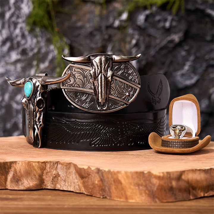 Set di fibbie per cintura fai da te con coltello nascosto a forma di teschio di corno di bue e anello di toro - Teschio di Longhorn - Cintura con aquila in rilievo nera - 42 - image 3
