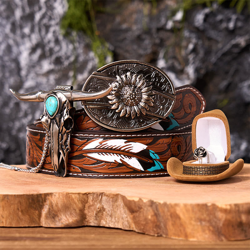 Set di fibbie per cintura fai da te con coltello nascosto a forma di girasole e ciondolo a forma di corno di cervo - Girasole - Cintura di piume marroni - 40 - image 8
