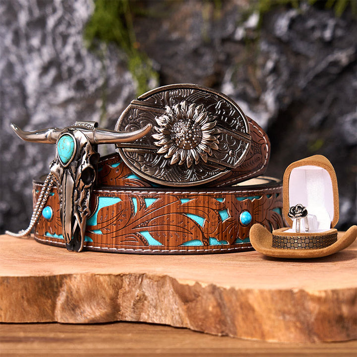 Set di fibbie per cintura fai da te con coltello nascosto a forma di girasole e ciondolo a forma di corno di cervo - Girasole - Cintura intagliata turchese - 42 - image 0