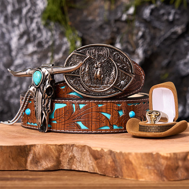 Set di fibbie per cintura con coltello nascosto fai da te a forma di cervo nella foresta con anello di toro - Cervo della foresta - Cintura intagliata turchese - 42 - image 0