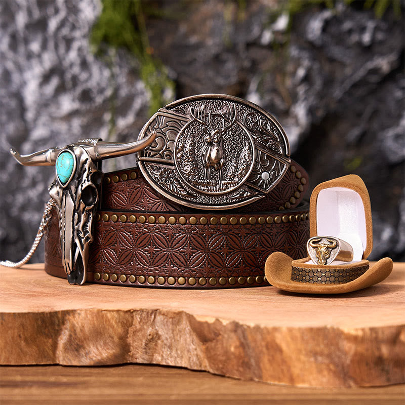 Set di fibbie per cintura con coltello nascosto fai da te a forma di cervo nella foresta con anello di toro - Cervo della foresta - Cintura con rivetti marroni - 42 - image 4