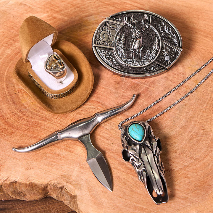 Set di fibbie per cintura con coltello nascosto fai da te a forma di cervo nella foresta con anello di toro - image 2
