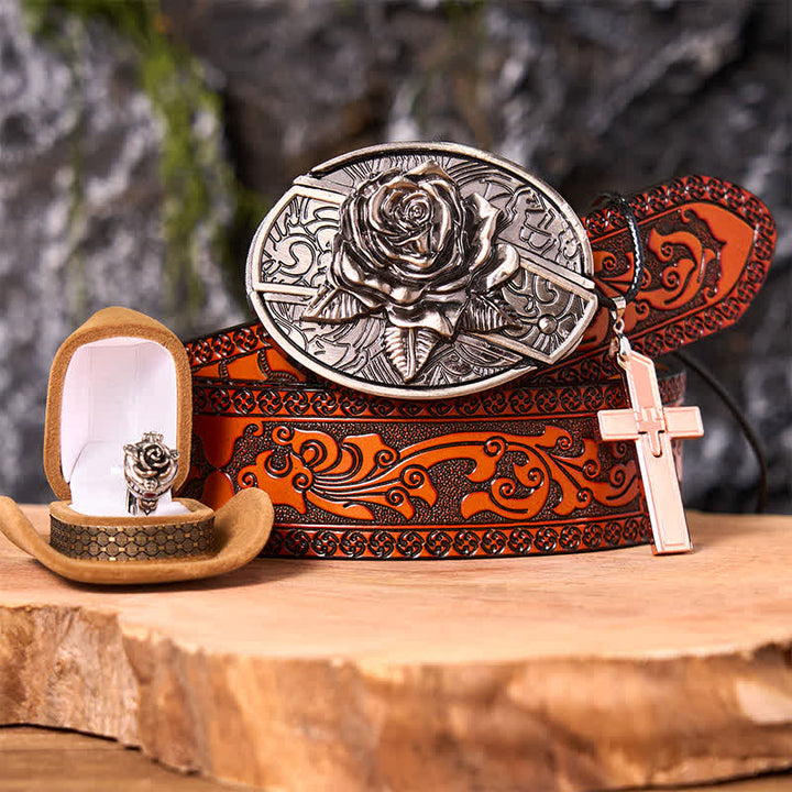 Set di anelli con ciondolo a croce, fibbia per cintura con coltello nascosto fai da te a tema rosa - Rosa - Cintura intagliata arancione - 42 - image 0