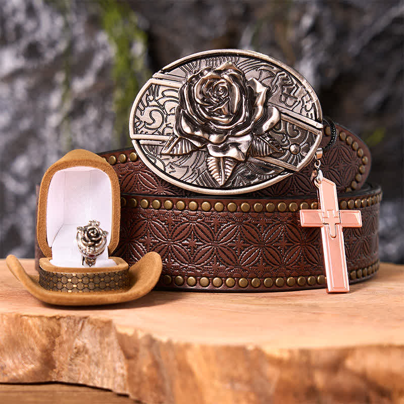 Set di anelli con ciondolo a croce, fibbia per cintura con coltello nascosto fai da te a tema rosa - Rosa - Cintura con rivetti marroni - 42 - image 5