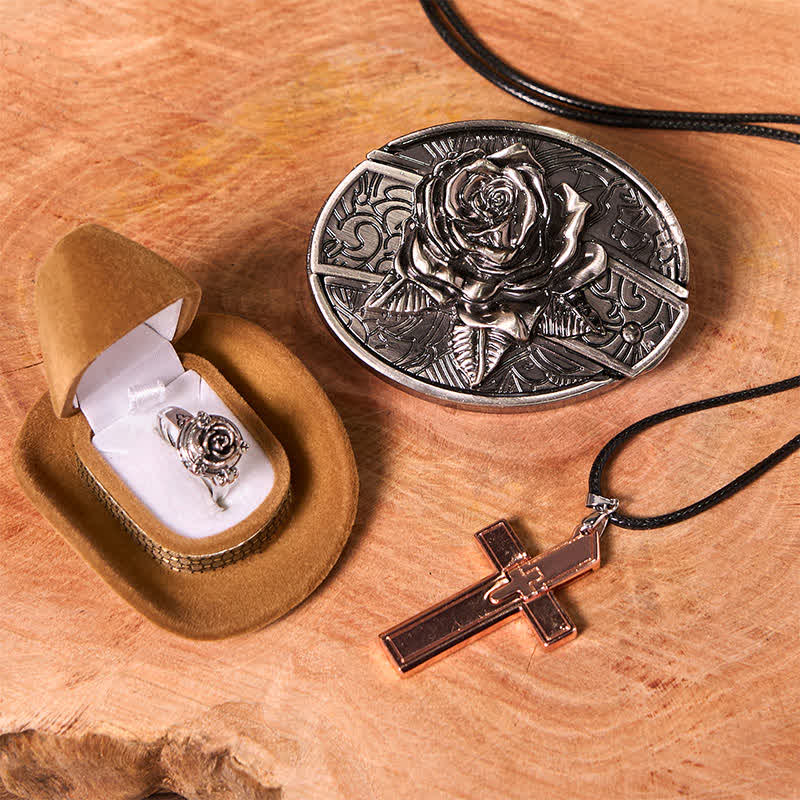 Set di anelli con ciondolo a croce, fibbia per cintura con coltello nascosto fai da te a tema rosa - Rosa - Senza cintura - Cintura non inclusa - image 1
