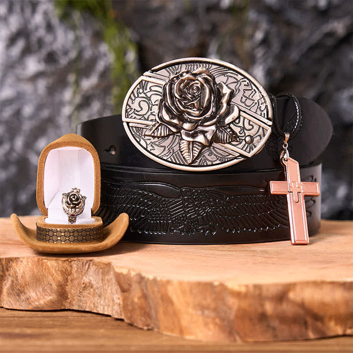 Set di anelli con ciondolo a croce, fibbia per cintura con coltello nascosto fai da te a tema rosa - Rosa - Cintura con aquila in rilievo nera - 42 - image 3