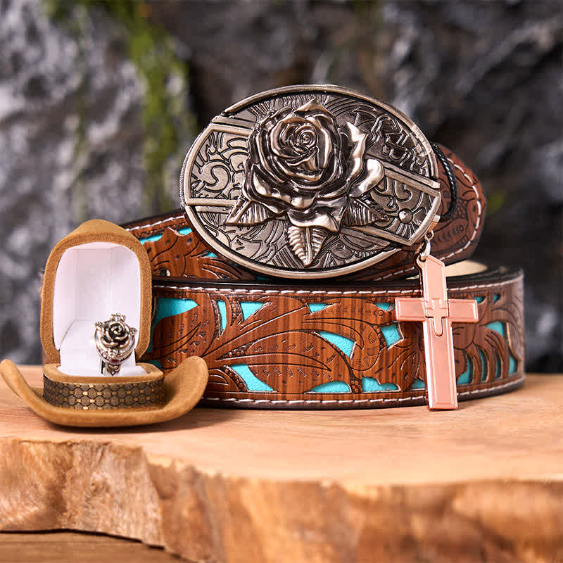 Set di anelli con ciondolo a croce, fibbia per cintura con coltello nascosto fai da te a tema rosa - Rosa - Cintura intagliata turchese - 42 - image 4