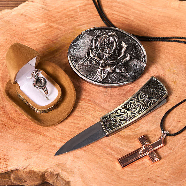 Set di anelli con ciondolo a croce, fibbia per cintura con coltello nascosto fai da te a tema rosa - image 2