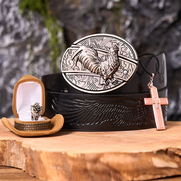 Divertente set di anelli con ciondolo a forma di croce, fibbia per cintura, coltello nascosto fai da te, gallo - Cazzo - Cintura con aquila in rilievo nera - 42 - image 3