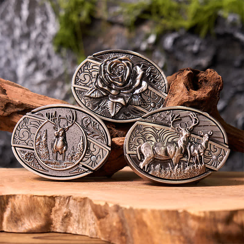 Set di 3 fibbie per cintura con coltello pieghevole nascosto a forma di rosa e cervo fai da te - Set in bundle - image 0