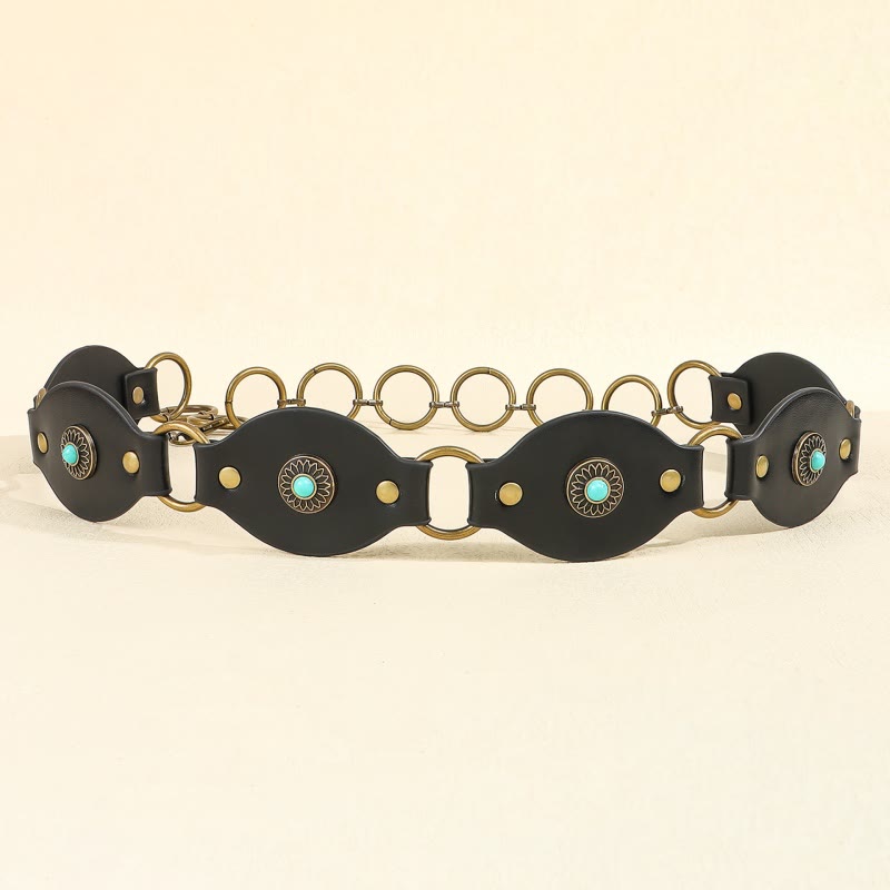 Cintura in pelle con fibbia in metallo e rivetti turchesi vintage - image 8