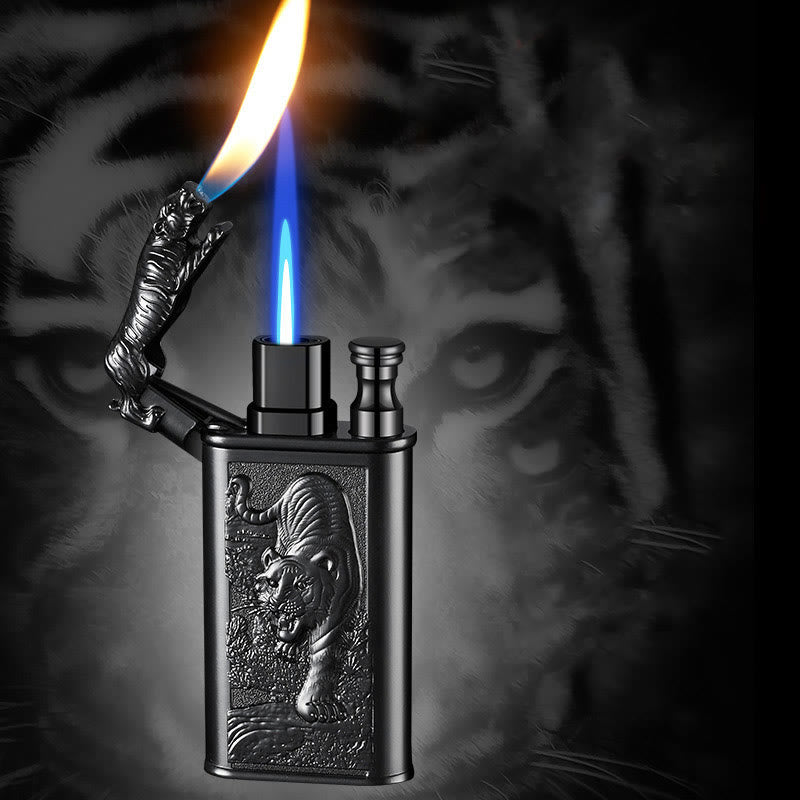 Accendino a butano ricaricabile con doppia fiamma in rilievo Fierce Tiger - Nero - image 0