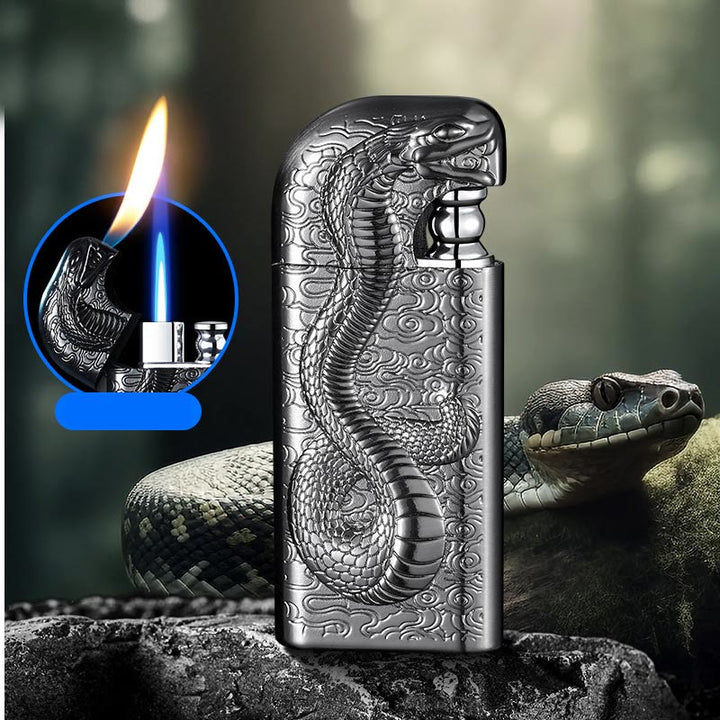 Accendino a butano ricaricabile con motivo a doppia fiamma e motivo Serpent King in rilievo - Grigio - image 16
