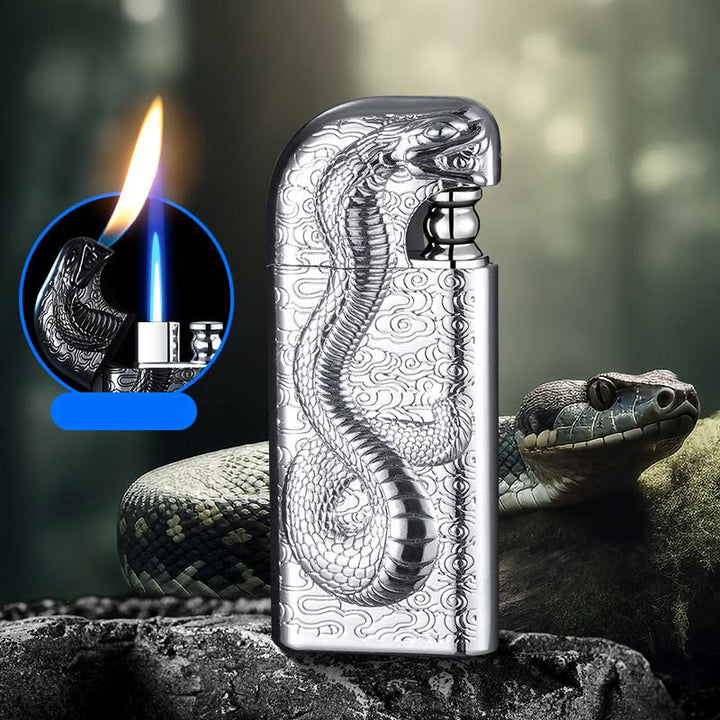 Accendino a butano ricaricabile con motivo a doppia fiamma e motivo Serpent King in rilievo - Argento - image 20
