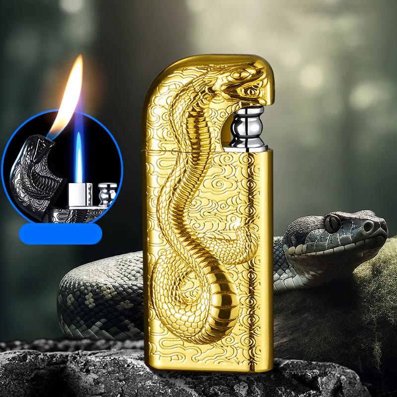 Accendino a butano ricaricabile con motivo a doppia fiamma e motivo Serpent King in rilievo - Oro scuro - image 17