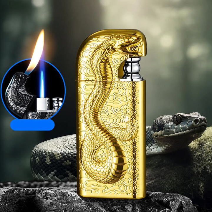 Accendino a butano ricaricabile con motivo a doppia fiamma e motivo Serpent King in rilievo - Oro scuro - image 17